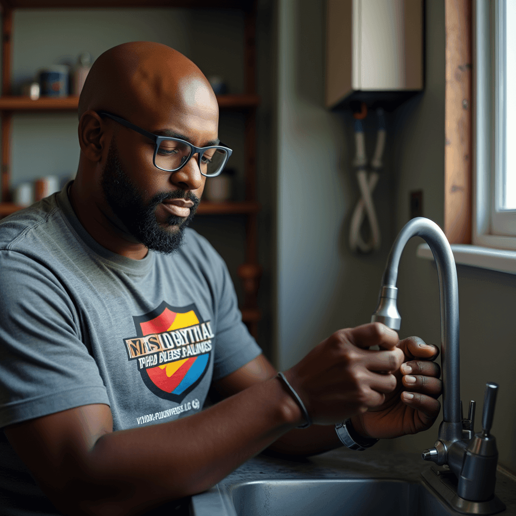 Man wearing glasses fixing a kitchen faucet by the window.