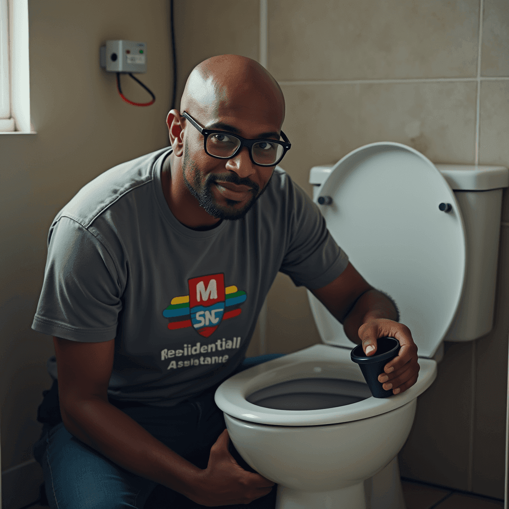 Man kneeling beside a toilet with a cup, wearing glasses and a gray T-shirt.